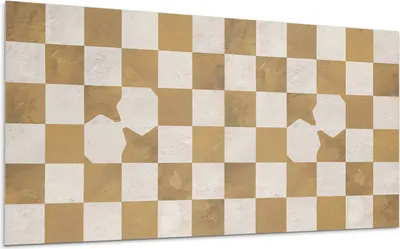 A close-up, straight-on view of a wall panel with a gold and white checkered pattern. Two abstract, white shapes resembling stylized faces or figures are superimposed on the pattern.