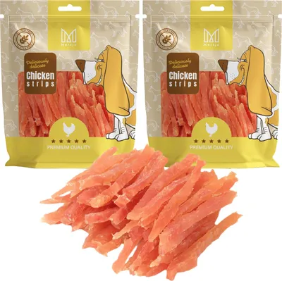 Two bags of dog treats and a pile of the treats in front.
