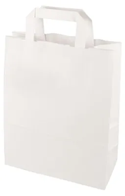 Zdjęcie produktu dla 50 toreb papierowych o wymiarach 28 cm x 22 cm x 10 cm w kolorze białym z uchwytem do przenoszenia