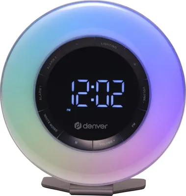 A digital alarm clock with a colorful light display.