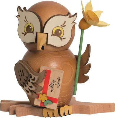 Produktbild von Drechslerei Kuhnert - Räucherfigur Eule als Gratulant - Größe ca. 15cm, für Räucherkerzen Größe M (Standard) - 37205