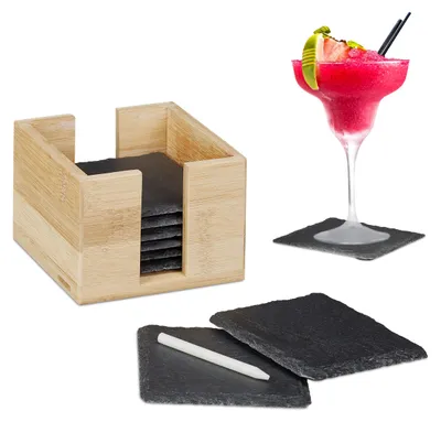 Schiefer-Untersetzer, 8er Set, quadratisch, 10x10 cm, mit Bambusbox