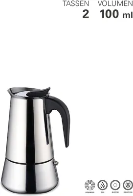 Produktbild von Edelstahl Espressokocher 2 Tassen Sicherheitsventil Mokkakanne Induktion 100 ml