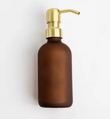 Immagine prodotto di Natural Goods Berlin KLEAN dispenser di sapone con etichette, dispenser di sapone di alta qualità e ricaricabile per cucina e bagno, marrone opaco, testa della pompa in acciaio inox oro, 250 ml
