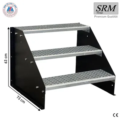 A three-step metal staircase with black side supports, shown against a white background with dimensions indicated.