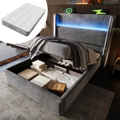 Immagine prodotto di MODFU Letto imbottito con materasso 90x200, letto singolo con illuminazione a LED e porte di ricarica, con testata alta, letto funzionale con contenitore, grigio
