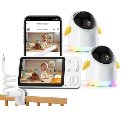 Produktbild von Babyphone mit 2 Kameras und APP 2K 5 Zoll WLAN Babyfon mit Split-Screen IR-Nachtsicht Buntes Nachtlicht 360° PTZ 4×Zoom mit Halterung