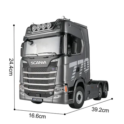 A gray RC truck model with dimensions indicated by lines and measurements.