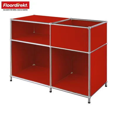 Zdjęcie produktu dla Półka metalowa Floordirekt Concept Epure MK-030, wymiary: 88 cm (szerokość) x 40 cm (głębokość) x 65 cm (wysokość), kolor: czerwony. Komoda/niskie regały z 3 półkami i przegródką na przechowywanie, chromowana metalowa konstrukcja