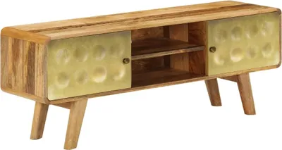 A wooden TV stand with two doors and open shelves.