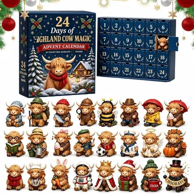 Produktbild von Highland Cow Adventskalender mit 24 Figuren, Mini-Figuren-Weihnachts Countdown, Weihnachtsdekoration im Landhausstil, Bestes Geschenk