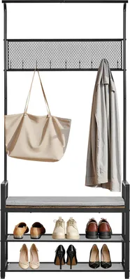 Obrázek produktu pro SucceBuy Volně stojící věšák do předsíně (84 x 34 x 183 cm), věšák na oblečení s háčky a dvouúrovňovou policí na boty, ocelový věšák do předsíně, ložnice a chodby, černý