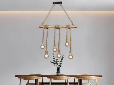 Produktbild von Vintage LED Pendelleuchte BAMBUS & Tau Hängelampe Bamboo für über Esszimmertisch