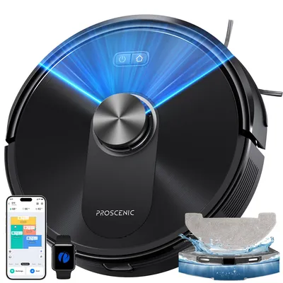 A black robot vacuum cleaner with blue light accents is shown on a white background, along with a smartphone and a smartwatch displaying app interfaces, and a self-emptying station with a mop pad.