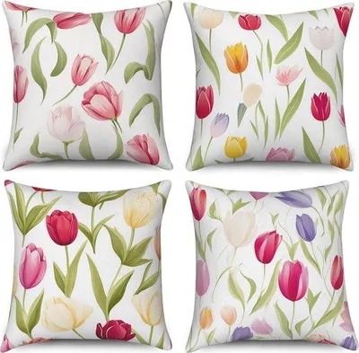 Produktbild von Blumen Kissenbezug, 40 x 40 cm, Set von 4, frisches Rosa, Lila, Gelb, Blumen, Blätter, Sofa, Dekokissen, Kissenhüllen, waschbar, Polyester, Leinenstoff, Outdoor-Bekleidung, Kopfkissenbezug