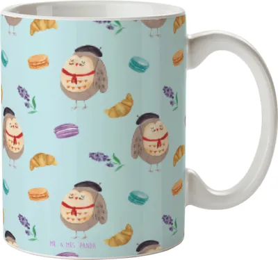 Produktbild von Mr. & Mrs. Panda Teetasse Eule Frankreich - Blau - Geschenk, La Vie Est Belle, Geschenktasse, Eulen, Bürotasse, Becher, kaffeetasse bedruckt, Das Leben Ist schön