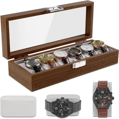 Produktbild von Famanu Uhrenbox mit 6 Fächern und Glasdeckel - Holz