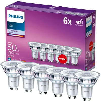 Zdjęcie produktu dla Philips Reflektor punktowy 50 W PAR16 GU10 x6, 4,6 W, 50 W, GU10, 390 lm, 15000 h, Zimne białe