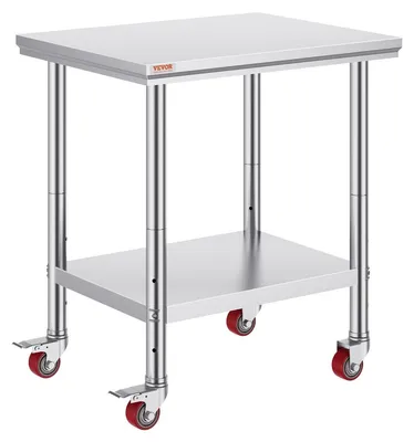 Image de Table de travail en acier inoxydable pour la restauration, 76 x 61 cm, table de travail professionnelle à 4 roulettes, plan de travail professionnel pour la préparation des aliments avec tablette réglable, table de préparation de cuisine