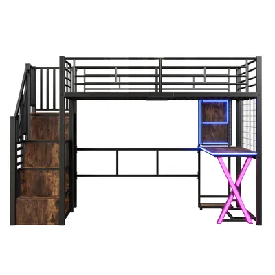 Produktbild von Merax Etagenbett Hochbett 90x200 cm, mit LED, Schreibtisch, Kleiderschrank, Ablageleiter, Regale, Metall Stockbett, Kinderbett, Schwarz