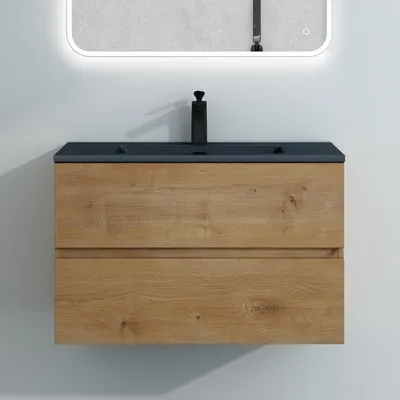 Produktbild von Mai & Mai Badmöbel-Set Waschtisch mit Unterschrank Mineralguss Waschbecken in Anthrazit Waschbeckenunterschrank 80x48x50cm Kerneiche 2-Schubladen Soft-Close Aqualis