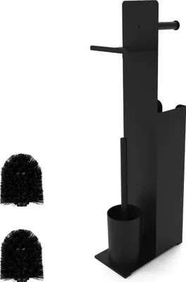 Produktbild von Relaxdays WC Garnitur, HxBxT: 67 x 22 x 12 cm, stehender Klopapierhalter, Klobürste, Ersatzrollenhalter, Ablage, schwarz