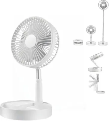 Produktbild von Faltbarer Standventilator, wiederaufladbar, tragbar, leise, kabellos, teleskopisch, für Reisen, Camping, Büro, Zuhause, Weiß, 5400 mAh