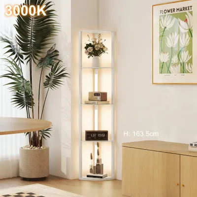 Produktbild von LED Stehlampe mit Eckregal Dimmbar (3 Stufen) - 164 cm Standleuchte Holz Eiche-Optik mit 4 Ablagen, Warmweiß 3000K, Raumsparende Ecklampe Regal Bodenl