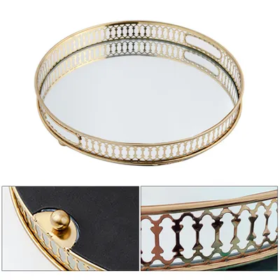Image de Plateau décoratif métal verre vintage miroir plateau miroir or pour commode, salle de bain (forme ronde)