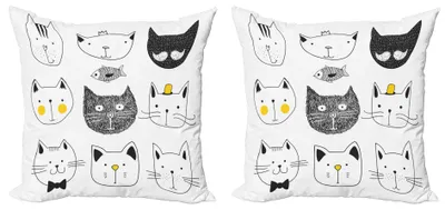 Obrázok produktu pre ABAKUHAUS Súprava obliečok na vankúš s mačkou (2 ks), vtipný náčrt s motýlikom, klobúk, ryba, zábavné motívy, 50 x 50 cm, žlto-sivá