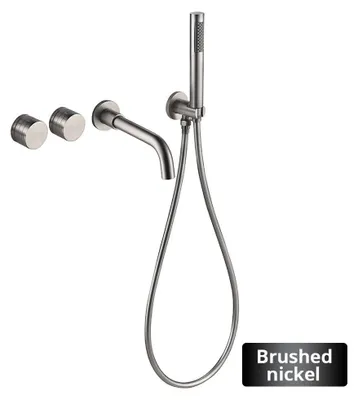Produktbild von Badewannenarmatur mit Handbrause - Wandmontierter Zweigriffmischer - Keramikkartusche - Messingkörper - Auslauf 21 cm - Brauseschlauch 1,5 m - Gebürstetes Nickel