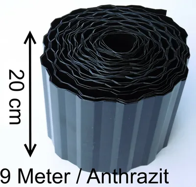 A roll of black garden edging is shown against a white background, with a size indicator and text at the bottom.