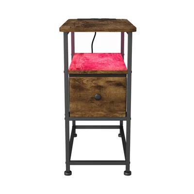Produktbild von Fortuna Lai Nachttisch mit LED, Beistelltisch mit Steckdose & Stoffschublade, 3-stufiger Sofatisch mit offenem Regal, perfekt für Schlafzimmer Wohnzimmer kleine Räume, Tigerholzfarben, 60 x 30 x 62 cm