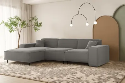 Produktbild von Ecksofa Designersofa GLORIA in Stoff Tiffani Grau Ottomane Links