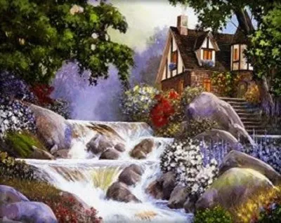 Produktbild von "Malen nach Zahlen: Haus am Wasserfall im Frühling, 40x50 cm, auf Leinwand, bereits auf Keilrahmen gespannt."