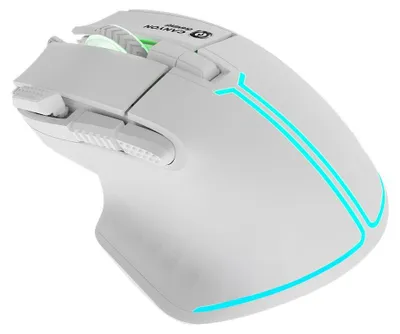 A white gaming mouse with RGB lighting.