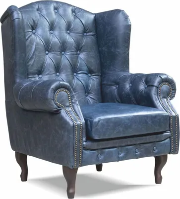 Produktbild von Casa Padrino Luxus Chesterfield Echtleder Ohrensessel Vintage Blau / Dunkelbraun