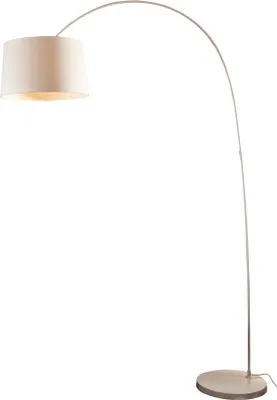 A white arc floor lamp with a white drum shade and a round silver base, isolated on a white background.