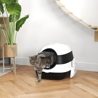 Produktbild von Sweiko Katzentoilette, mit Deckel und Streuschaufel, für Katzen bis 5 kg, 52x41x38 cm, Weiß/Schwarz