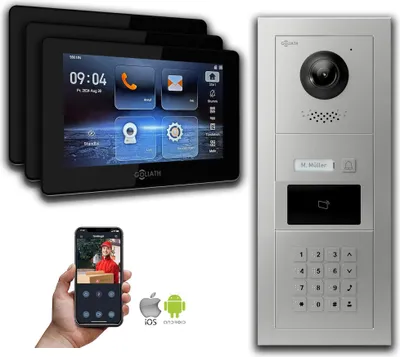 Produktbild von Goliath 2-Draht Video Türklingel mit Kamera RFID Zahlencode Silber : Aufputzdose : 7 Zoll in Schwarz : 3 Monitore Anzahl: 3 Monitore Farbe: 7 Zoll in Schwarz Montage: Aufputzdose