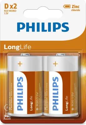 Image de Philips Batterie LongLife R20L2B/10, Pile jetable, carbone-zinc, 1,5 V, vert, blanc, 34,2 mm, 34,2 mm