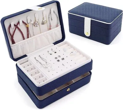 Produktbild von Unyqoos® Schmuckkästchen 3-lagig – Reise-Schmuckbox aus Kunstleder mit Samtinnenfutter, 17 x 12 x 8 cm, blau – für Ringe, Ketten, Ohrringe & Armbänder