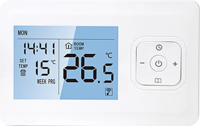 A white smart thermostat with a blue digital display showing time, temperature, and settings.