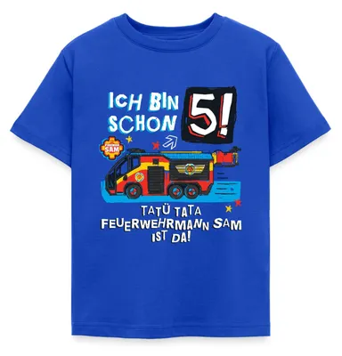 Produktbild von Spreadshirt Feuerwehrmann Sam Geburtstagsdesign 5 Jahre Kinder T-Shirt, 122/128 (7-8 Jahre), Royalblau