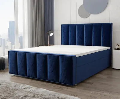 Produktbild von Aura Polsterbett Aura Dunkelblau 180x200 cm, mit vertikaler Steppung am Bettgestell und Samtbezug, Doppelbett mit stabilem Rahmen