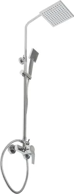 A silver shower system with a square overhead shower head and a handheld shower head, mounted on a white background.