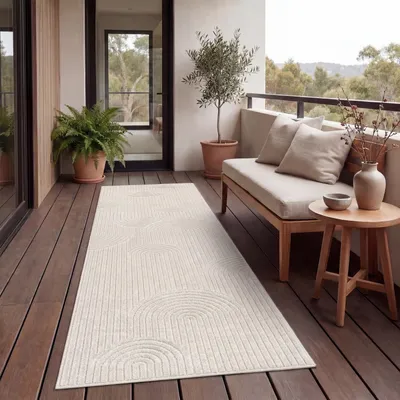 Produktbild von Outdoor Teppich Wetterfest Balkon Wohnzimmer Skandinavisch Boho Einfarbig Creme Grösse 80x250 cm