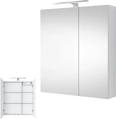 Produktbild von Planetmöbel Spiegelschrank 60cm Weiß, Badezimmerschrank mit Spiegel und LED Beleuchtung, Badspiegel mit Schrank