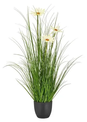 Produktbild von Kunstpflanze Grasbusch - H 71 cm - Grün - Weiß - Kunststoff - schwarzer Kunststofftopf - mit Blüten