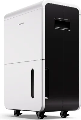 A white and black dehumidifier with wheels is shown on a white background.